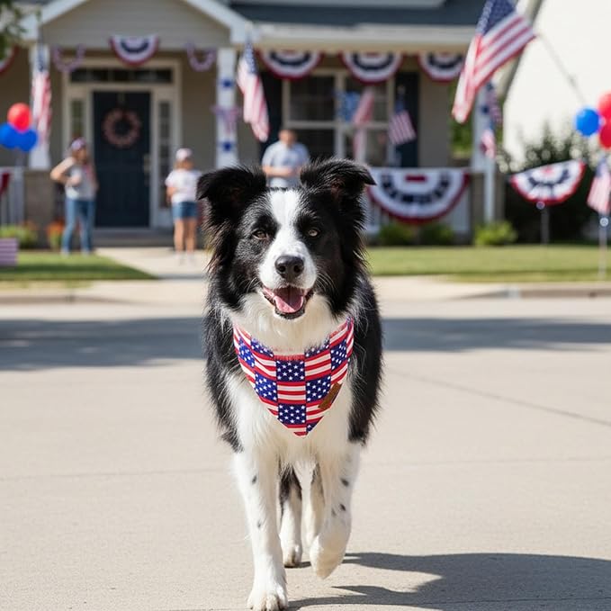 PTDECOR American Flag Dog Bandana, USA Plaid Flag Pet Scarf, 4th of July Adjustable Triangle Patriotic Bandana for Medium Large Dogs Pets (Large)