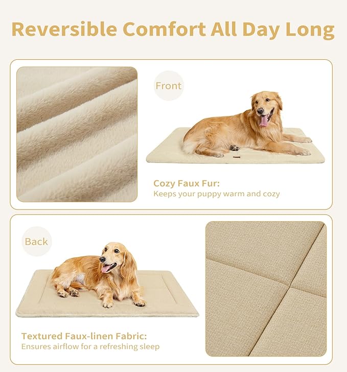 Made4Pets Dog Crate Pad Bed for Medium Large Dogs, Washable & Reversible, Anti-Slip Kennel Mat for Cozy Sleeping, Soft Fluffy Dog Bed for Indoor & Outdoor Use, 35"x23", Beige