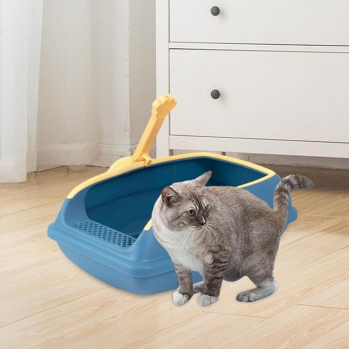 Cat Litter Box Open Top High Sided Anti Splashing Litter Tray with Scoop for Indoor Cats Kittens (2 Sizes)- S Blue