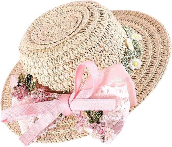 Pet Straw Hat Outdoor Sunbonnet Supplies Flower Lace Puppy Straw with Ribbon Bow Flower Dog for Large Dogs