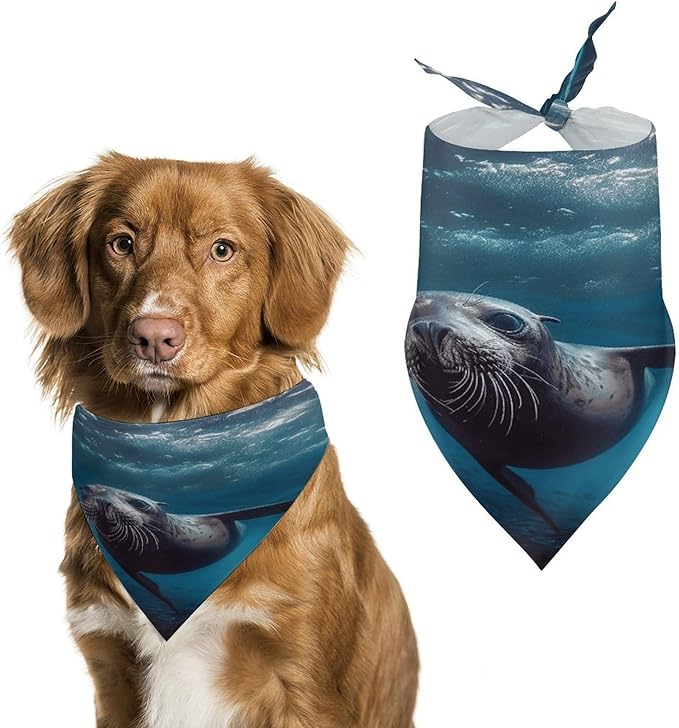 Dog Bandana Spring Pet Scarf Adjustable Triangle Underwater Sea Lion Printing Dog Bib Washable Polyester Puppy Bandana for Small Medium Large Dogs Cat Birthday Party Supplies