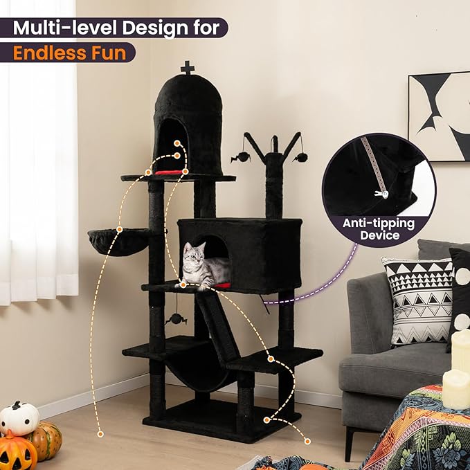 Tangkula Gothic Cat Tree, 67 Inch Tall Cat Tower with Sisal Scratching Posts and Ladder, 2 Cat Condos, Hammock, Basket Bed, Spooky Dangling Balls, Halloween Black Goth Cat Tree for Indoor Cats