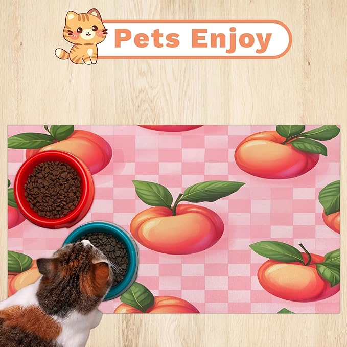Peach Fruit Dog Food Mat for Floors Absorbent Dog Bowl Mat for Food and Water Dispenser Quick Dry Cat Food Placemat Pet Supplies 24" x 32", Buffalo Check