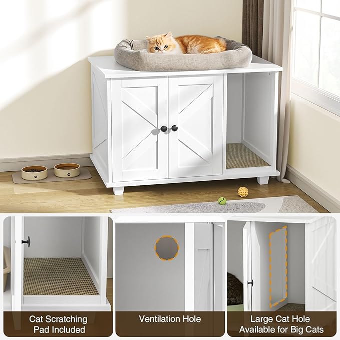 Giluta Cat Litter Box Enclosure,Hidden Litter Box Furniture Cabinet with Scratching Pad,Wooden Pet House Side End Table for Living Room Washroom,31.5 x 20.5 x 21.6 Inches (White)