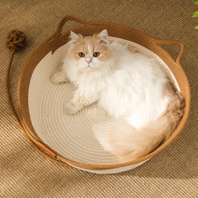 Handwoven Cotton Rope Cat Bed - Breathable & Easy to Clean, Foldable Scratchable Hammock with Cat Ear Design, with a Playing Ball for Kittens Brown