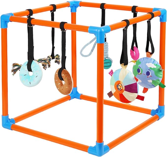 Liitrton Puppy Play Gym - Small Dogs Play Gym with 8 Hanging Toys, Indoor Puppy Jungle Gym with Interactive Dog Enrichment Toys, 19.5"x19.5"x19.5" PVC Frame (Orange)
