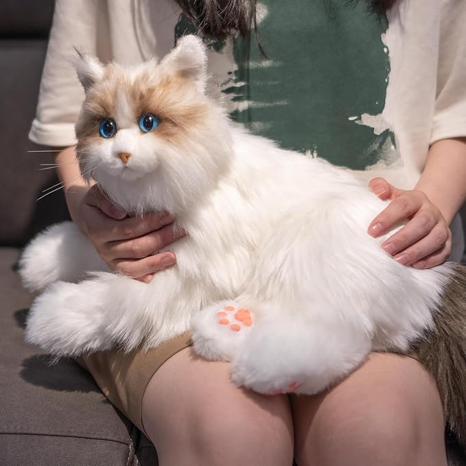 Chongker Interactive Companion Robot Cat Pets, White Cat Stuffed Animals with Small Scarf & Comb, Voice Response, Realistic Heartbeat, Purring Sounds, Gifts for Parents, Seniors, Adults