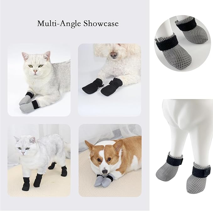 4Pcs Cat Scratch Cover for Nursing Rehabilitation Cat Boots Adjustable Pet Bath Gloves，Anti-Scratch Pet Grooming Booties for Bathing (Grey)