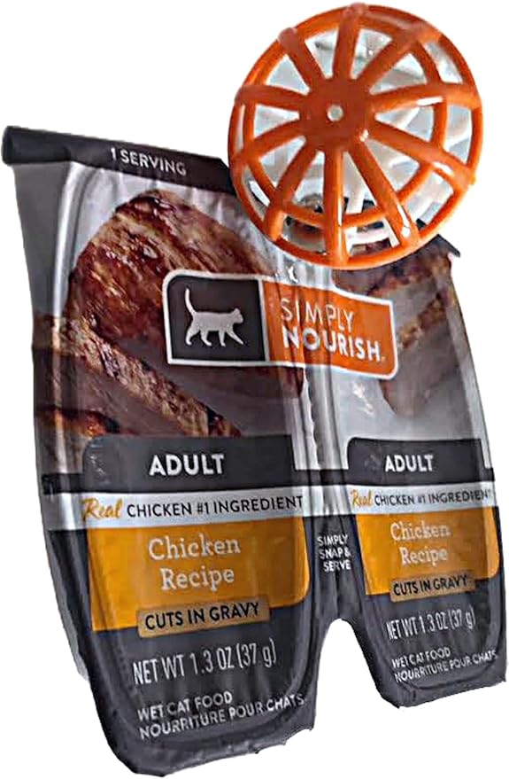 SIMPLY NOURISH Adult Cat Food Cuts in Gravy. 6 Split-Packs of 2 Individual Servings. 2.65 OZ Each. Plus Cat Toy Will Vary (Chicken Recipe)