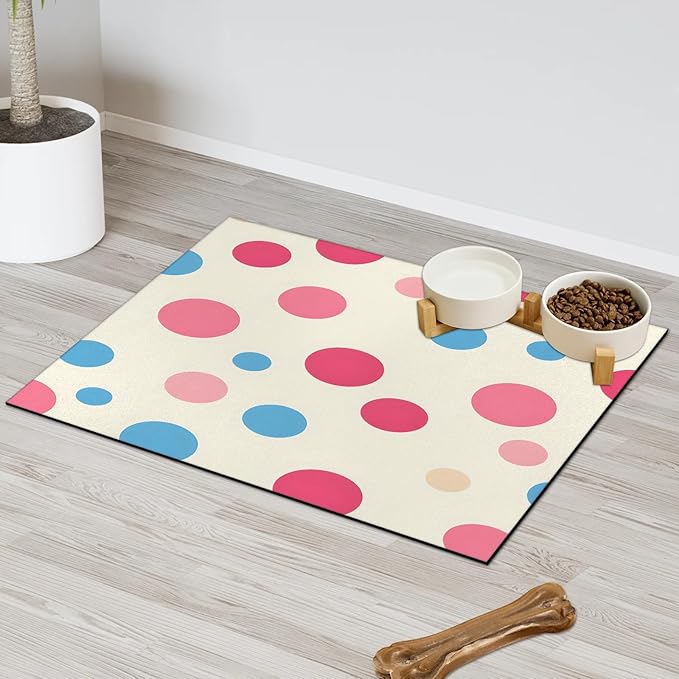 Polka Dot Dog Food Mat for Floors Absorbent Dog Bowl Mat for Food and Water Dispenser Quick Dry Cat Food Placemat Pet Supplies 16" x 24", Pink Blue