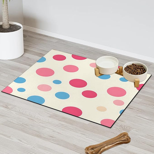 Polka Dot Dog Food Mat for Floors Absorbent Dog Bowl Mat for Food and Water Dispenser Quick Dry Cat Food Placemat Pet Supplies 17" x 30", Pink Blue