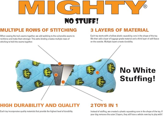 MIGHTY- NO Stuff Bone– Squeaky Plastic Core. 2-in-1 Toy. Made Durable, Strong & Tough. Interactive Play Dog Toy (Tug, Toss & Fetch). It Floats. (Orange, Medium)