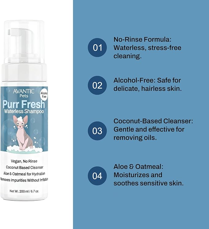 Avantic Pets Purr Fresh Dry Shampoo for Sphynx Cats, Alcohol-Free, No-Rinse Formula, Coconut-Based Cleanser, Hydrates & Soothes Sensitive Skin, 200ml