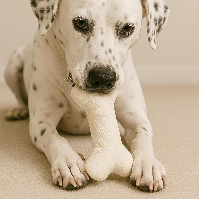 Durable Cotton Canvas Squeaky Dog Toy – Eco-Friendly Interactive Chew Toy for Small to Large Dogs-T-Bone (White)