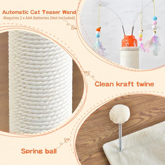 Cat Scratching Post ，42.5" Tall Heavy Duty Cat Scratcher Posts with Automatic Teaser Wand Cat Toys，Interactive Automatic Rotating Hanging Balls for Indoor Large Cats