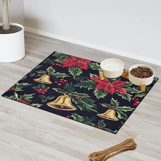 Red Poinsettia Dog Food Mat for Floors Absorbent, Quick Dry Water Dispenser Mat for Food, Water, Pet Supplies 24" x 32", Xmas Bells