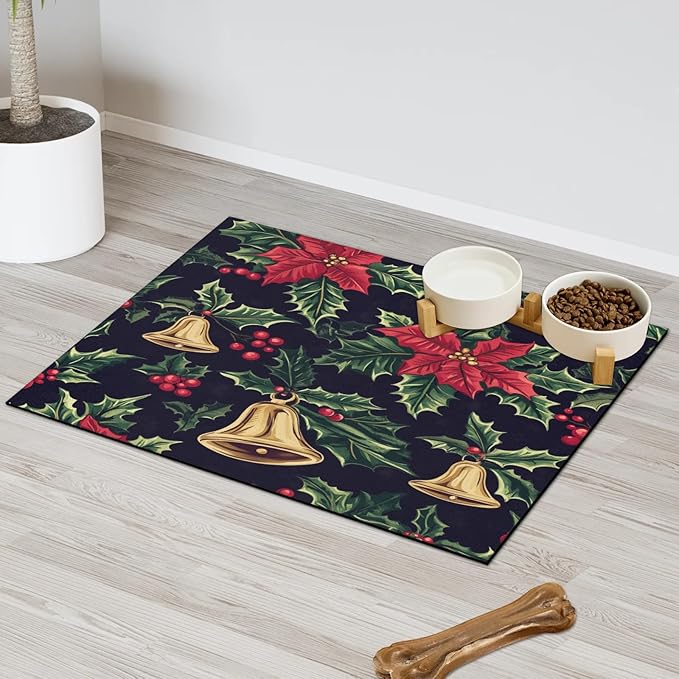 Red Poinsettia Dog Food Mat for Floors Absorbent, Quick Dry Water Dispenser Mat for Food, Water, Pet Supplies 12" x 20", Xmas Bells