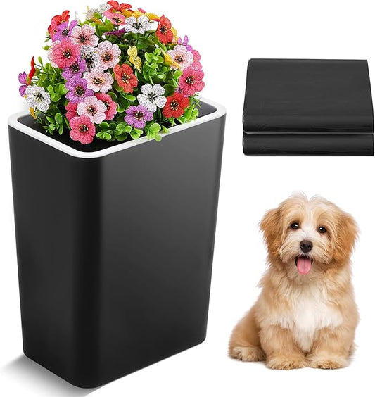 Dog Poop Trash Can Outside 3.96 Gal/15 L Plant Styled Dog Waste Trash Can with Lid 50 Pcs Plastic Waste Bags Outdoor Indoor Poop Container Slim Garbage Bin for Yard Garden Pet (Flower Black)