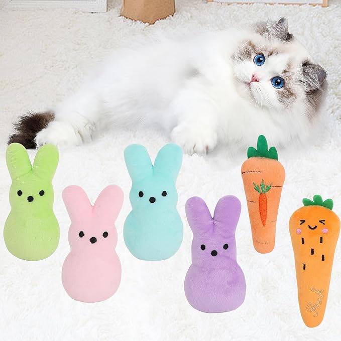 FOIMAS Easter Catnip Toys,6pcs Bunny Carrot Cat Teething Chew Toys for Pet Easter Presents Relieve Stress Cat Lovers Gifts Kitty Toys Cats Teething Chew Toy