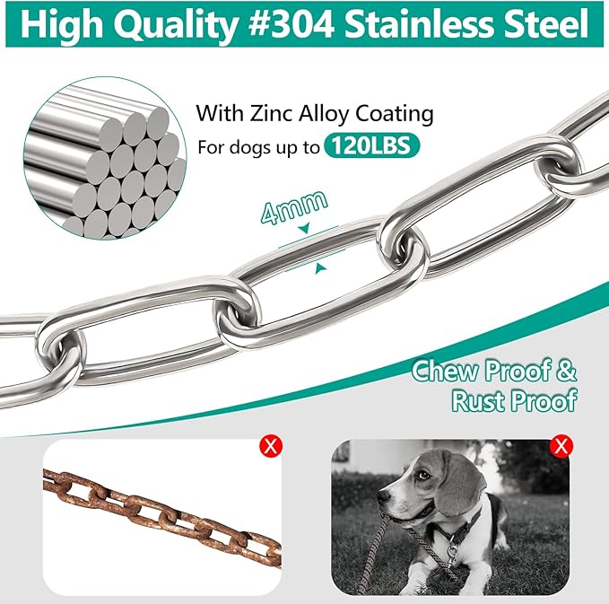Tresbro Heavy Duty Dog Chains for Outside, 25FT Stainless Steel Tie Out Cable with Swivel Hook for Large Medium Dogs, Metal Chew Proof Pet Runner Chain Leash for Outdoor Camping Hiking Yard Lead, 4MM