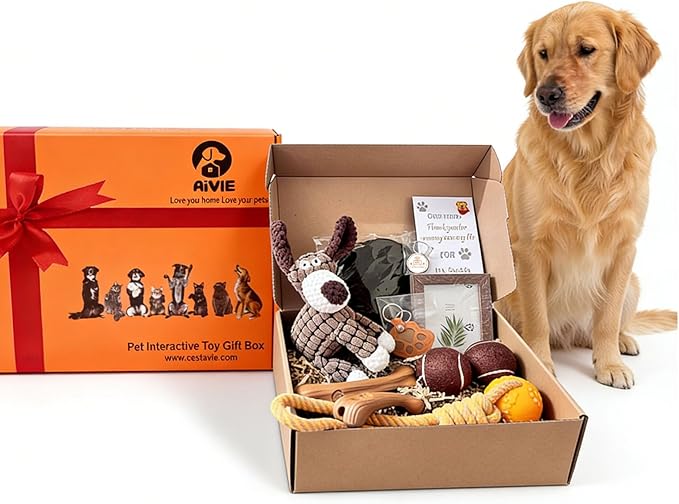 AiVIE Puppy Starter 10-Piece Set | Dog Gift Basket, Pet Gift Box & Interactive Toy Pack,Perfect for New Puppy Welcomes,Birthdays & Christmas,Memorial Day—Pet Gifts for Doggie Lovers