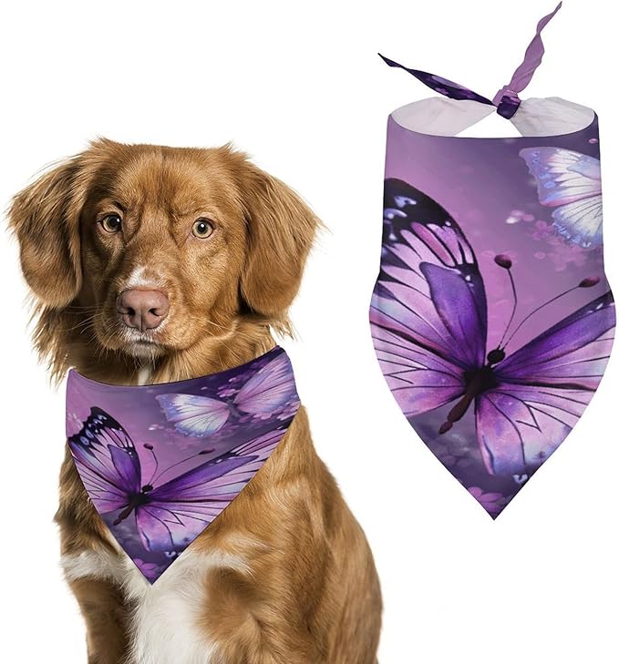 Dog Bandana Spring Pet Scarf Adjustable Triangle Beautiful Purple Butterfly Art Printing Dog Bib Washable Polyester Puppy Bandana for Small Medium Large Dogs Cat Birthday Party Supplies