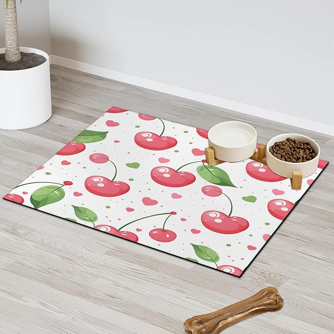 Pink Cherry Dog Food Mat for Floors Absorbent Dog Bowl Mat for Food and Water Dispenser Quick Dry Cat Food Placemat Pet Supplies 12" x 20", Polka Dot Sweethearts Love