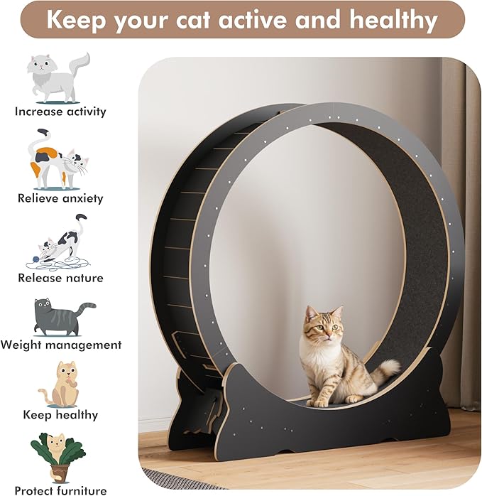 Cat Exercise Wheel, 46'' Cat Wheel for Indoor Cats with Carpeted Runway, XL Treadmill with Removable Carpet and Teaser, for Running Walking Training (Black)