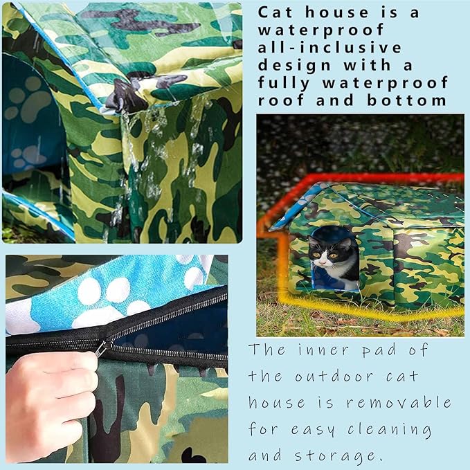 Cat Houses for Outdoor Cats, Feral Cats Dogs House, Weatherproof Warm and Insulated Cat House with Transparent Curtain Pet House, Stray Cats Shelter (Camouflage Green, Medium-Houses)