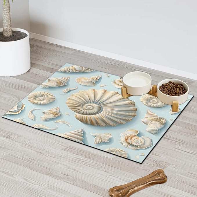 Seashell Dog Food Mat for Floors Absorbent Dog Bowl Mat for Food and Water Dispenser Quick Dry Cat Food Placemat Pet Supplies 24" x 32", Nautical Coastal