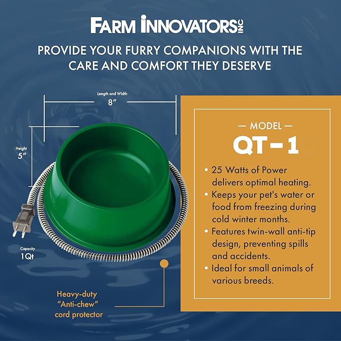 Farm Innovators QT-1 1 Quart Electric Heated Pet Water Bowl with Thermostatic Control and Anti Chew Cord Protector, 25 Watt, Green (3 Pack)