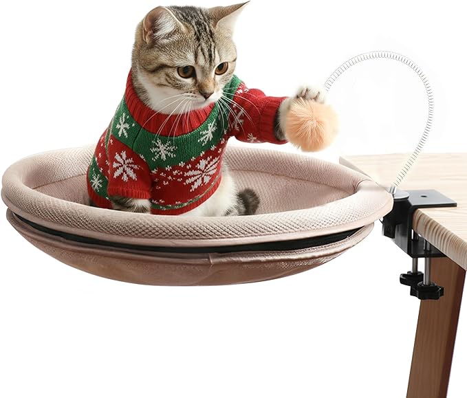 Cat Desk Bed with Teaser Wand, Under Desk Cats Bed Platform with Sturdy Clamp, Space-Saving Cat Perch Mounts Underneath Desk for Large Cats(Khaki)