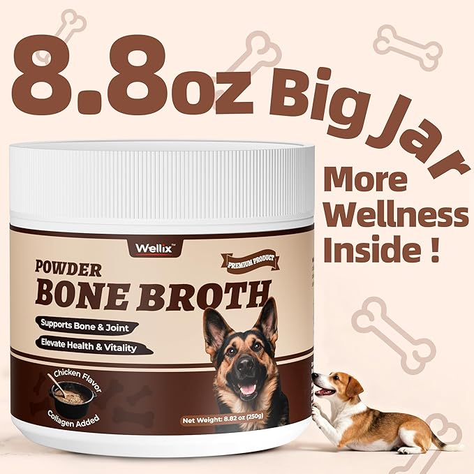 8.8oz Wellix Bone Broth Powder for Dogs & Cats - Dog Food Toppers with Glucosamine Chondroitin Tumeric Collagen for Dogs Joints Strength & Gut Health