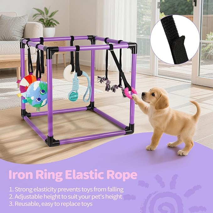 Liitrton Puppy Play Gym - Small Dogs Play Gym with 8 Hanging Toys, Indoor Puppy Jungle Gym with Interactive Dog Enrichment Toys, 19.5"x19.5"x19.5" PVC Frame (Purple)