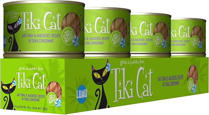 Tiki Cat Luau Shredded Meat, Ahi Tuna & Mackerel Recipe in Tuna Consumme, Grain-Free Balanced Nutrition Wet Canned Cat Food, For All Life Stages, 6 oz. Cans (Pack of 8)