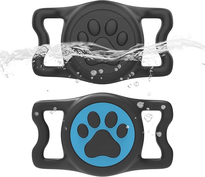 2-Pack Airtag Holder for Dog Collar, Waterproof Silicone Protective Case Cover, Anti-Lost Tracker Universal Fit for All Width Pet Collars(Black&Blue)