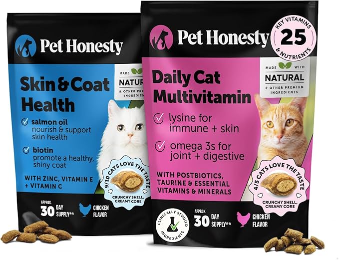 Cat Skin & Coat Health + Cat Multivitamin Daily Essentials Bundle: Omegas, Vitamin C + E, Biotin & Joint Support Chews (Chicken 30-Day Supply)