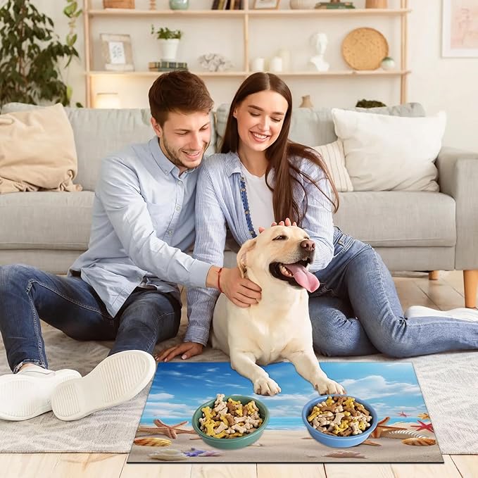 Seashell Starfish Dog Food Mat for Floors Absorbent, Quick Dry Water Dispenser Mat for Food, Water, Pet Supplies 12" x 20", Nautical Coastal