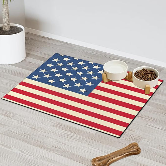 American Flag Dog Food Mat for Floors Absorbent Dog Bowl Mat for Food and Water Dispenser Quick Dry Cat Food Placemat Pet Supplies 16" x 24", USA Flag
