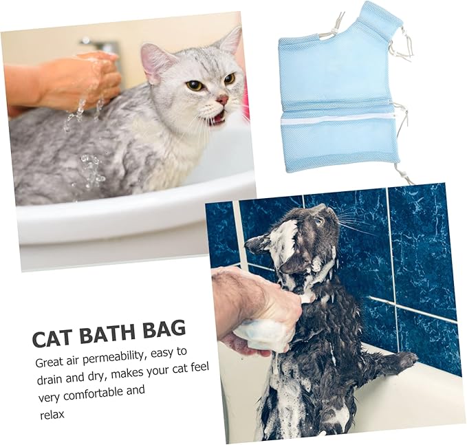 Happyyami Breathable Cat Bathing Bag Adjustable Mesh Grooming Bag for Nail Trimming Safe and Durable Shower Netting for Kittens and Pets Blue