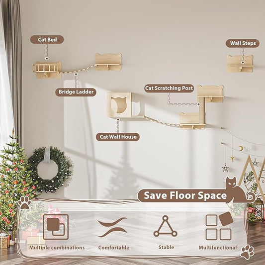 LEMBERI Cat Wall Shelves, Wooden Feline Furniture, 9 Pcs Set Wall Mounted Cat Shelves with Bed, House, Steps, Bridge Ladder and Scratching Post for Indoor Climbing, Sleeping, Playing