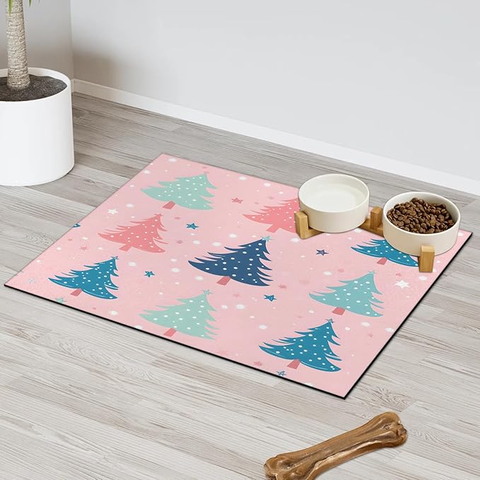 Merry Christmas Dog Food Mat for Floors Absorbent, Quick Dry Water Dispenser Mat for Food, Water, Pet Supplies 12" x 20", Christmas Tree