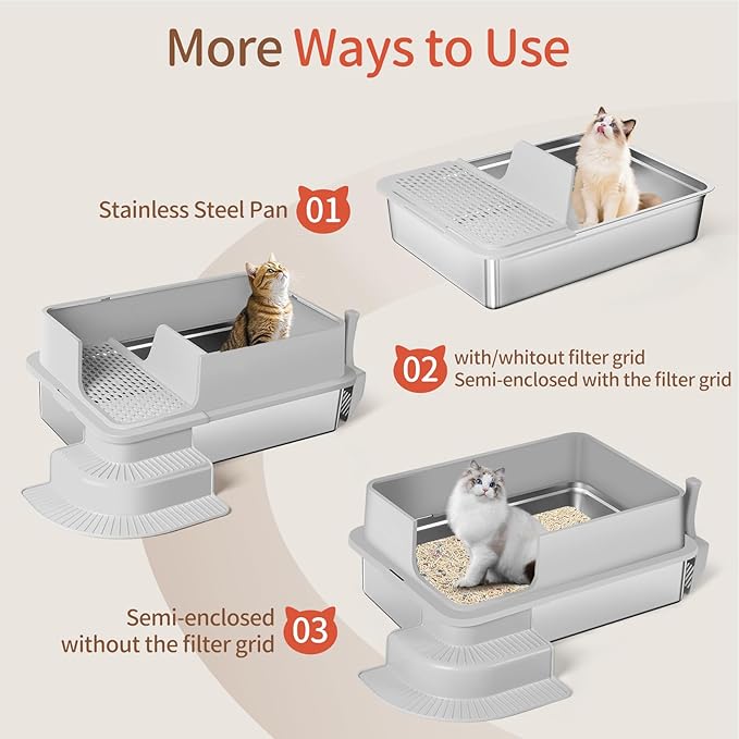 XXXL Stainless Steel Litter Box, 28"x20"x12" Extra Large Semi Enclosed High Sided Metal Cat Litter Box with Filtered Grid, Step, Scoop, Non-Sticky, Non-Odor, Easy Cleaning (Light Gray)