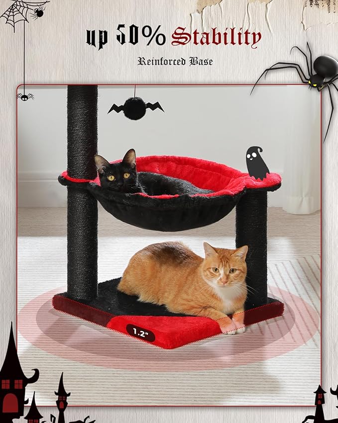 Gothic Cat Tree with Coffin Bed, Spooky Cat Tree with Black Scratching Posts & Halloween Cat Tower & Large Hammock for Small Kittens, Cat Toy Black Bat Included