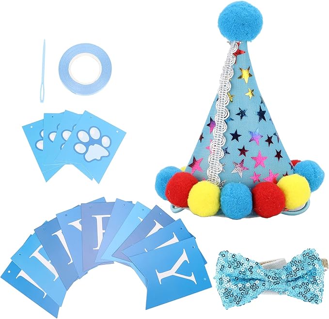 Dog Birthday Hat and Bow Tie Set, Adjustable Soft Pet Birthday Party Supplies with Banner for Small Medium Dogs, Washable Polyester Cotton Decorations for Photo Shoots (Blue)