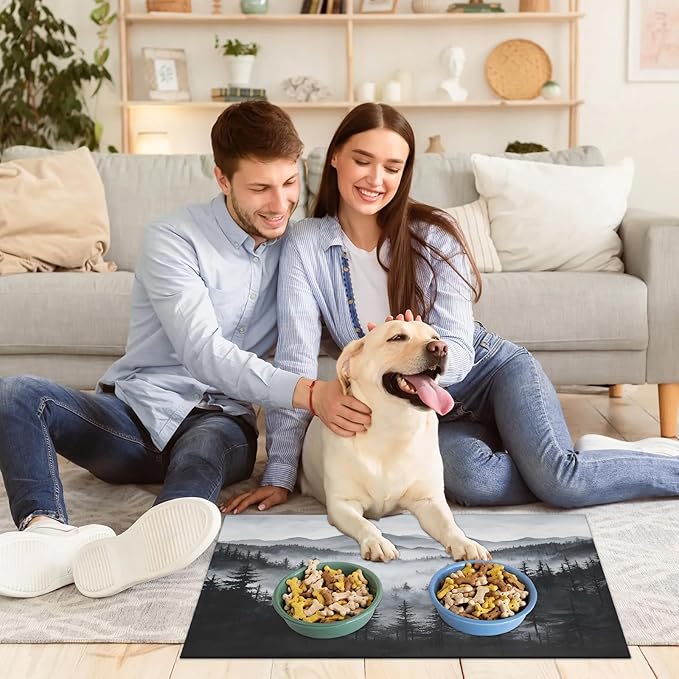 Misty Forest Dog Food Mat for Floors Absorbent, Quick Dry Water Dispenser Mat for Food, Water, Pet Supplies 12" x 20", Nature Woodland