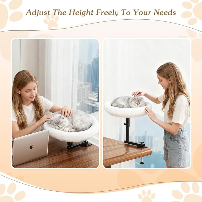 VERIFOST Adjustable Cat Desk Bed, 360° Rotatable Elevated Desk Cat Bed for Home Office, Space-Saving Design Table Supports Up to 60 lbs, Soft Faux Fur Bed with Removable Washable Cover (Beige)