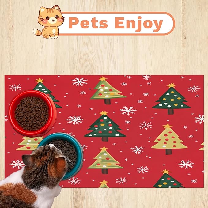 Xmas Trees Dog Food Mat for Floors Absorbent, Quick Dry Water Dispenser Mat for Food, Water, Pet Supplies 12" x 20", Christmas Snowflakes