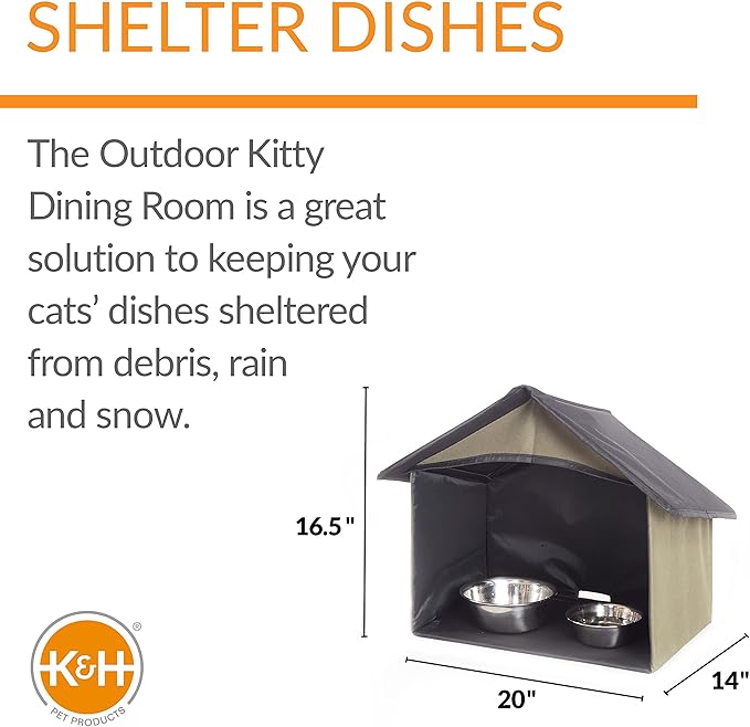 K&H Pet Products Outdoor Cat Dining Room Covered Outdoor Feeding Station Shelter for Feral Cat Food & Water Bowls, Pairs with K&H Thermo-Kitty Cafe (Sold Separately) - 14 X 20 X 16.5in Olive