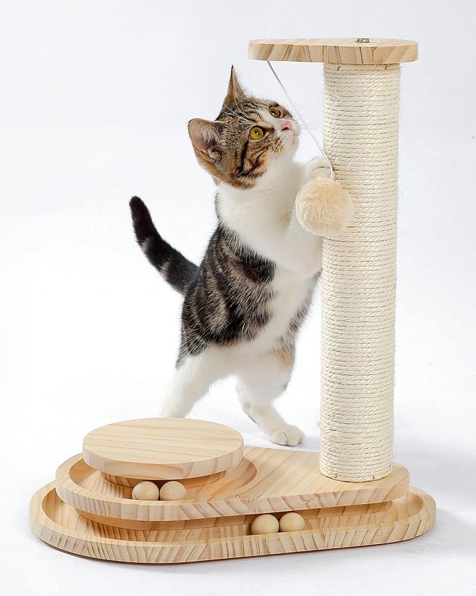 Multi-Functional Cat Scratching Post with Grooming Brush, Cloud Perch & Ball Track – Compact Cat Activity Toy for Small Cats